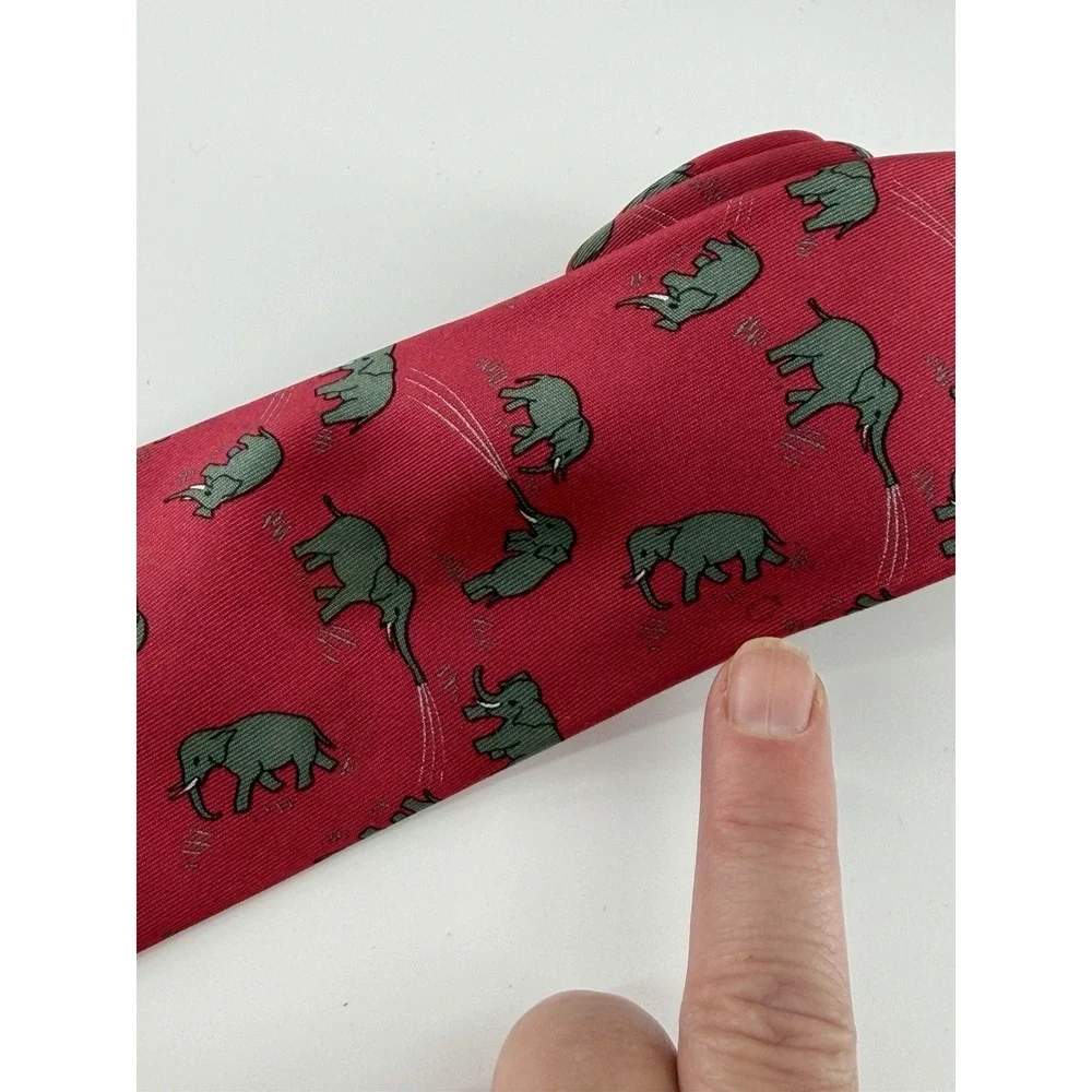 Hermes Paris Necktie Elephant Print 100% Silk Red Men's France Luxury High End